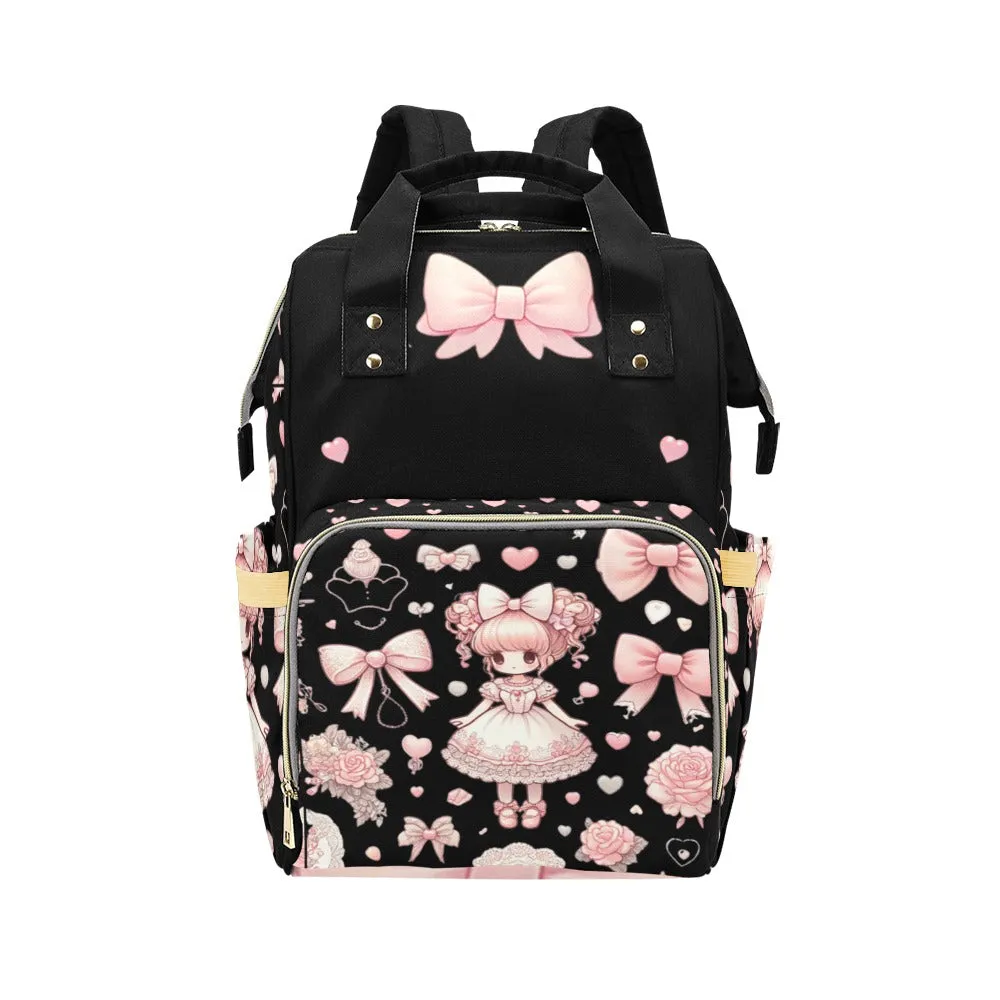 Personalized Diaper Bag, Baby Doll in Pink Bow on Black - Coquette Diaper Bag Waterproof Backpack, Pink Vintage for Girls