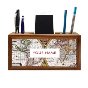 Personalized Solid Wood desk organizer - Vintage Maps Globe