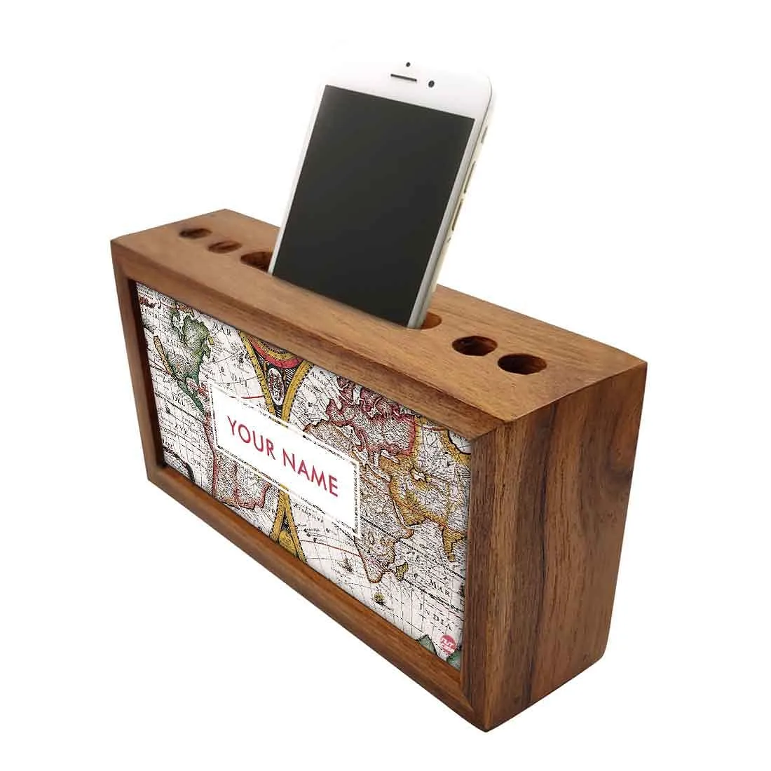 Personalized Solid Wood desk organizer - Vintage Maps Globe