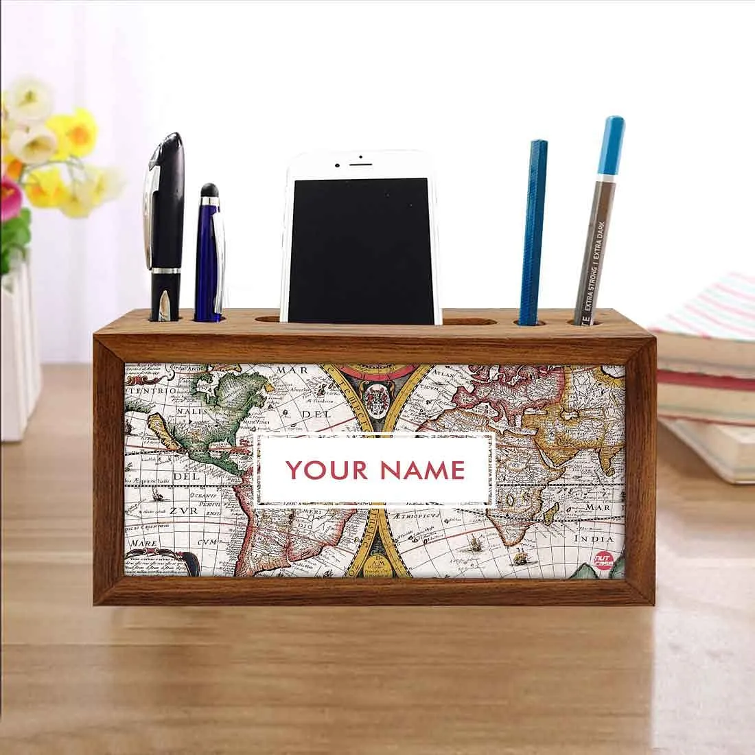 Personalized Solid Wood desk organizer - Vintage Maps Globe