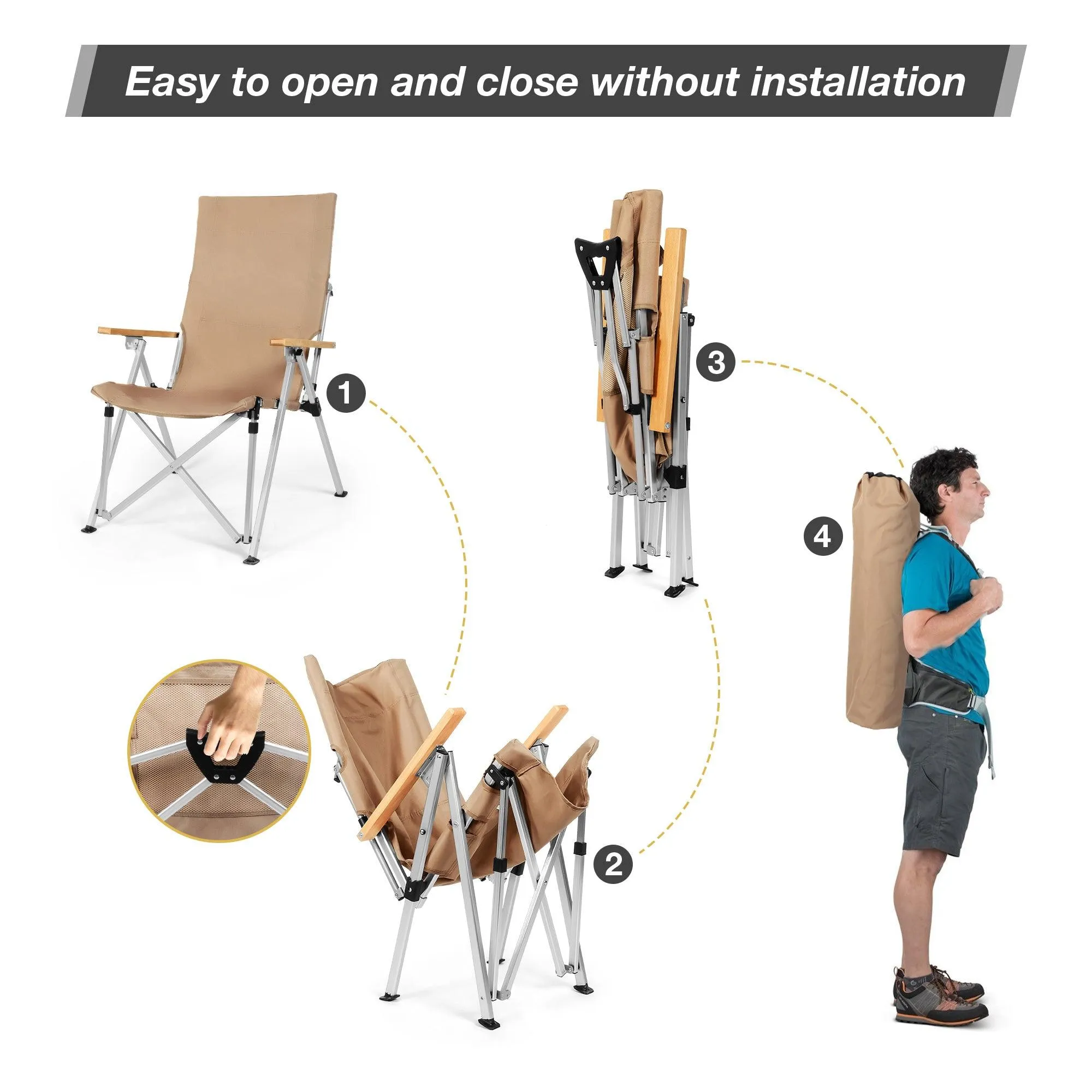 Portable Folding Camping Chair with 3 Positions Adjustable Wooden Armrest Aluminum Frame, Beige