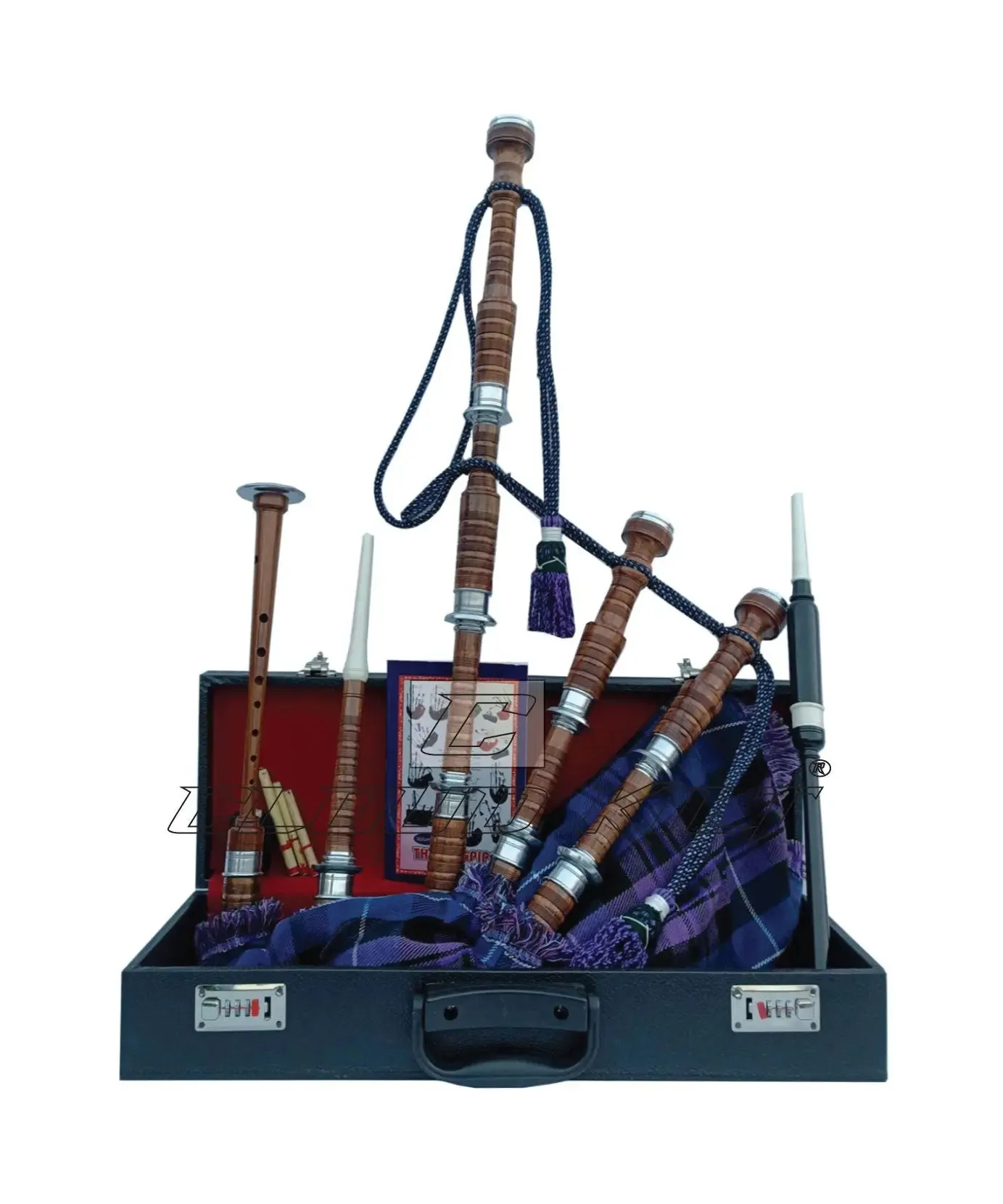 Pride of Scotland Tartan Bagpipe Set Brown & Silver Finish With Hard Case