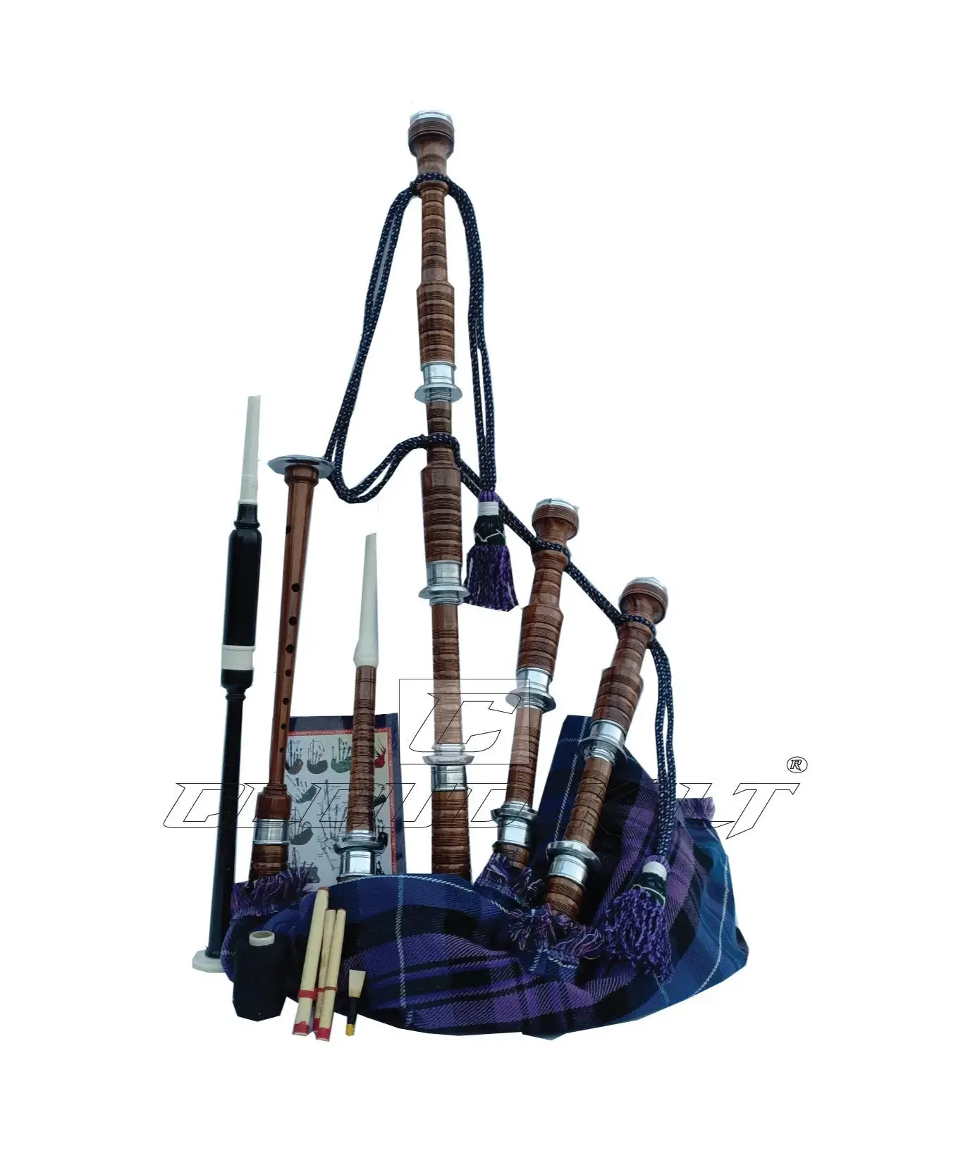 Pride of Scotland Tartan Bagpipe Set Brown & Silver Finish With Hard Case