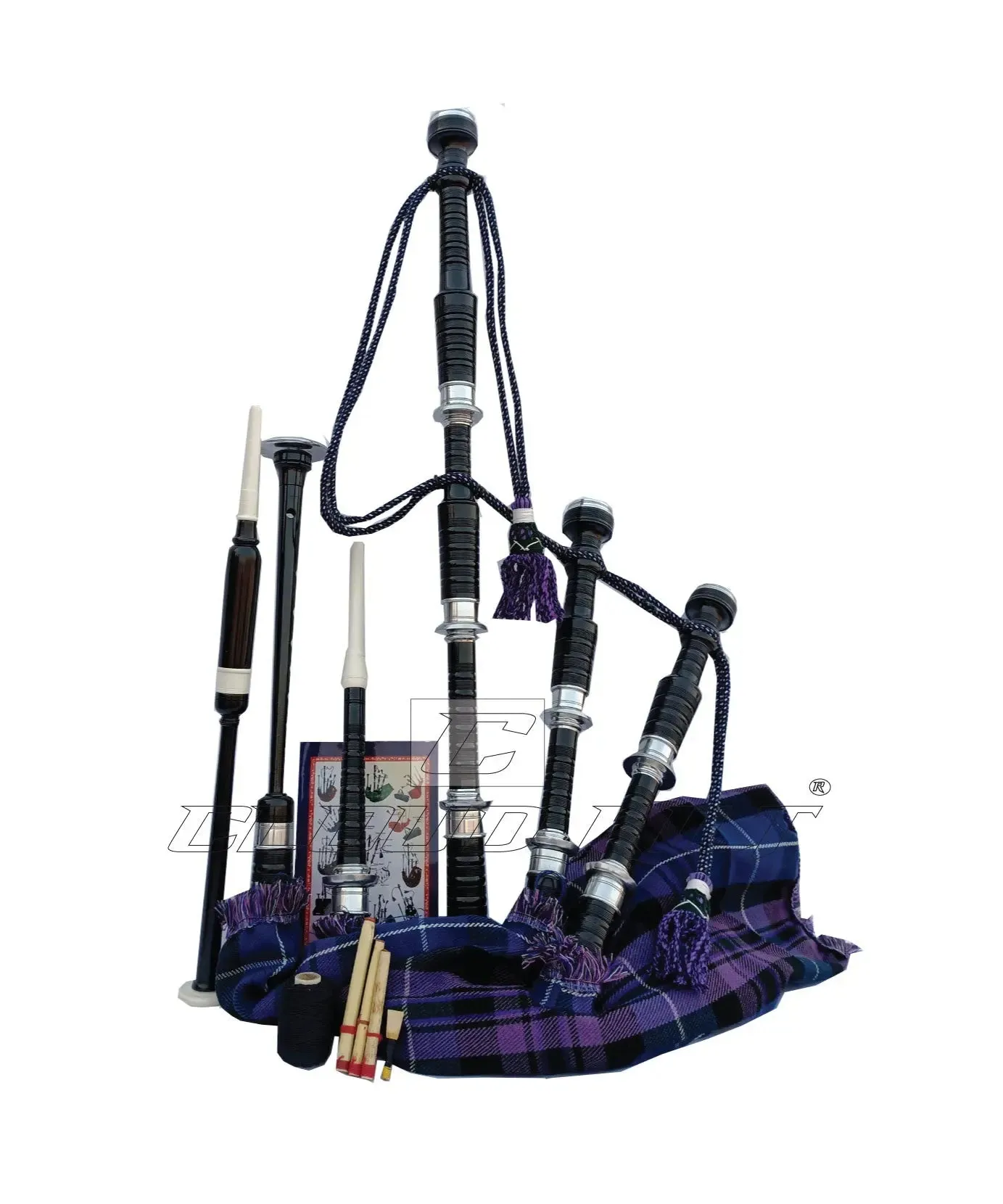 Pride of Scotland Tartan Black With Silver Finish Bagpipe Set With Hard Case