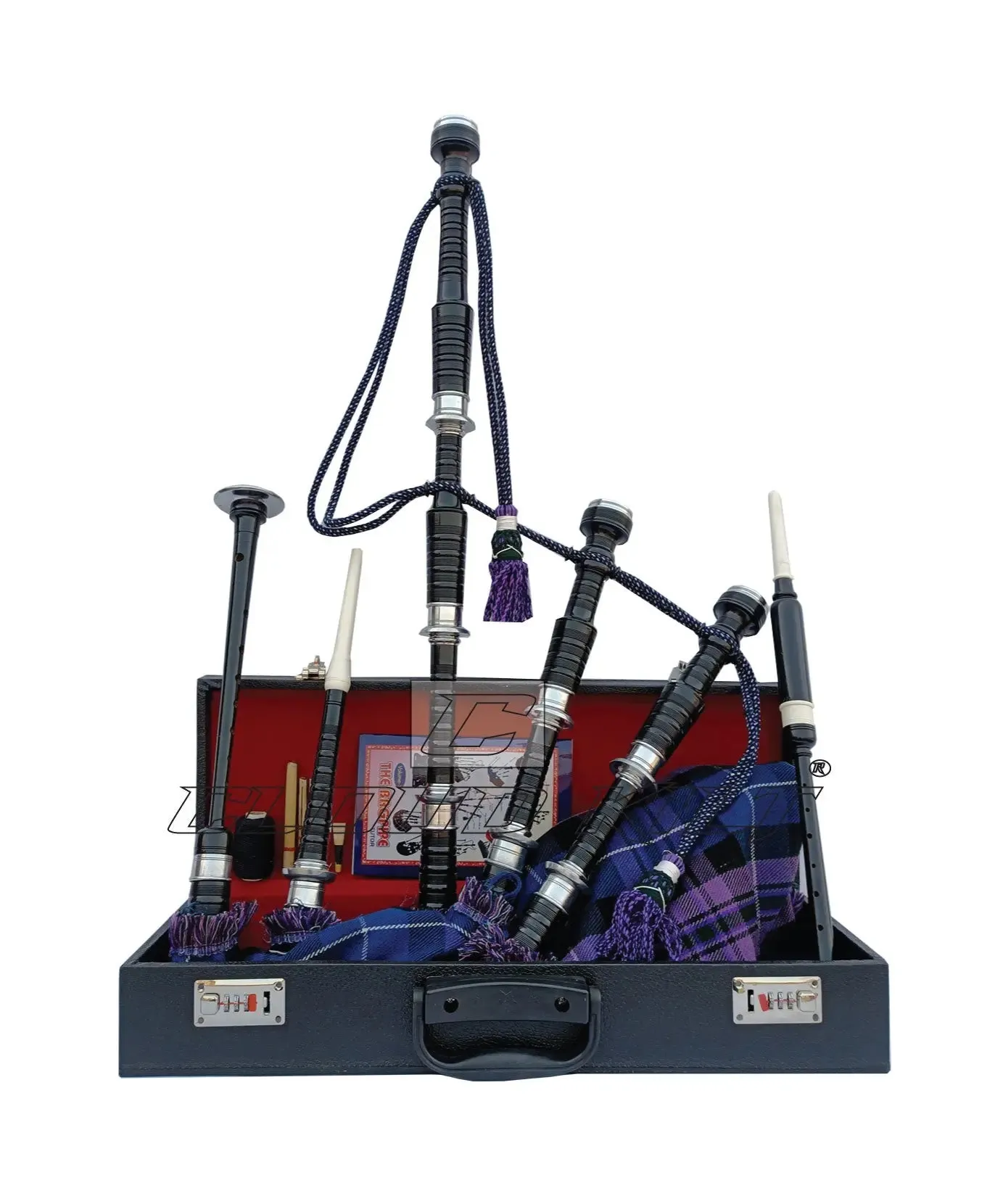 Pride of Scotland Tartan Black With Silver Finish Bagpipe Set With Hard Case