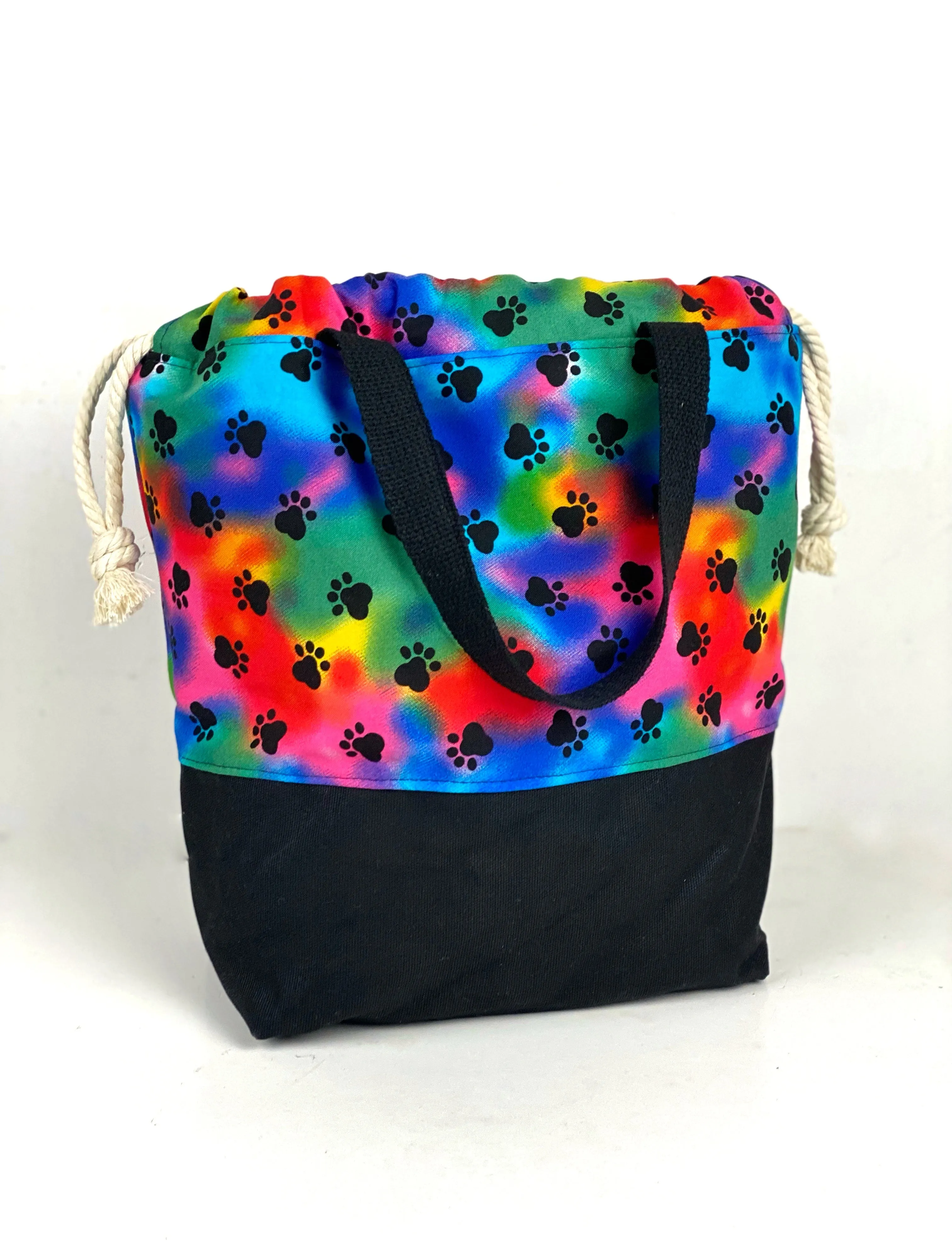 Rainbow Paw Prints on Black Project Bag, Project Bag for Knitters, Knitting Bag, Black Floral Bag