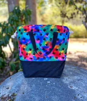 Rainbow Paw Prints on Black Project Bag, Project Bag for Knitters, Knitting Bag, Black Floral Bag