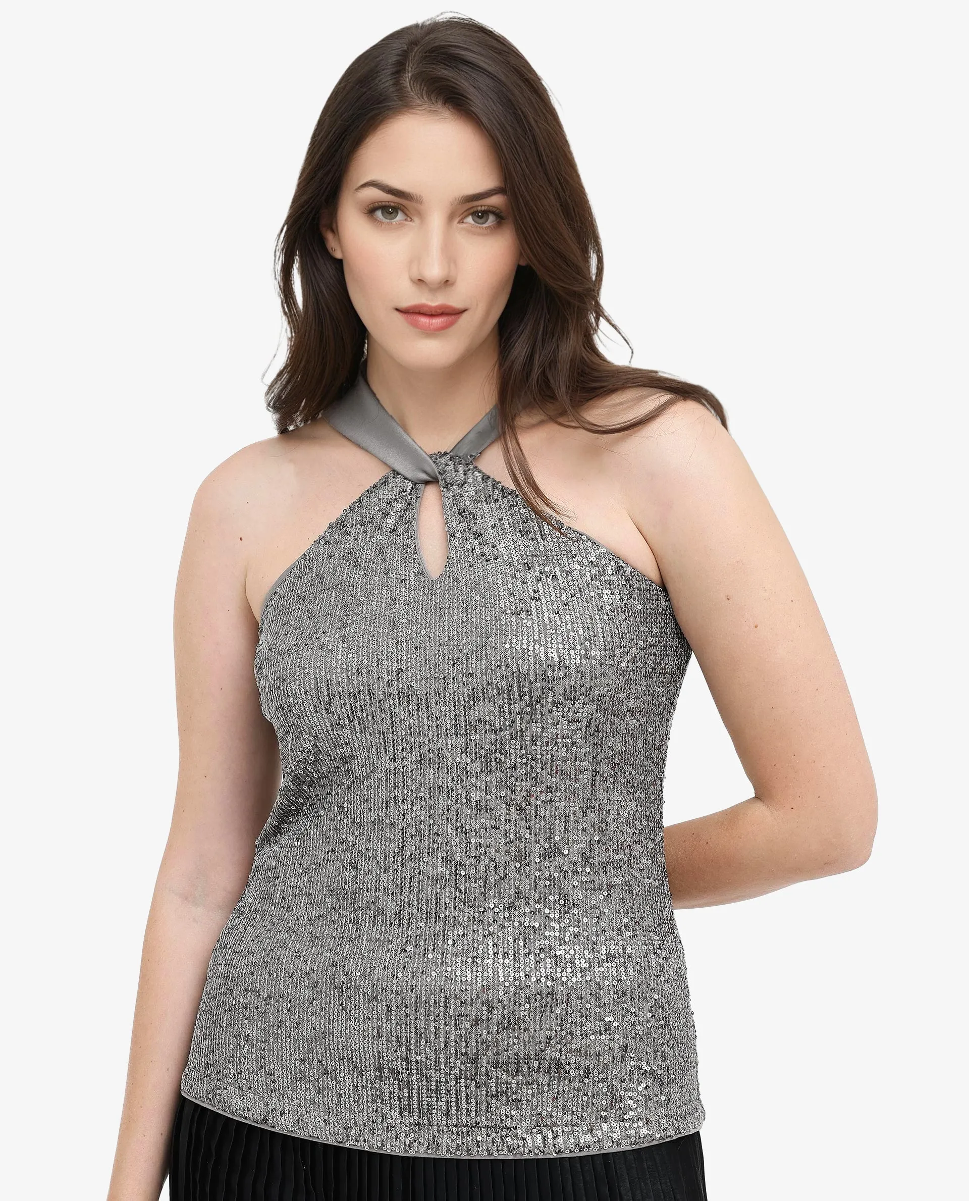 Rareism Womens Aviv Metallic Grey Top Cotton Elastane Sleeveless Sequined