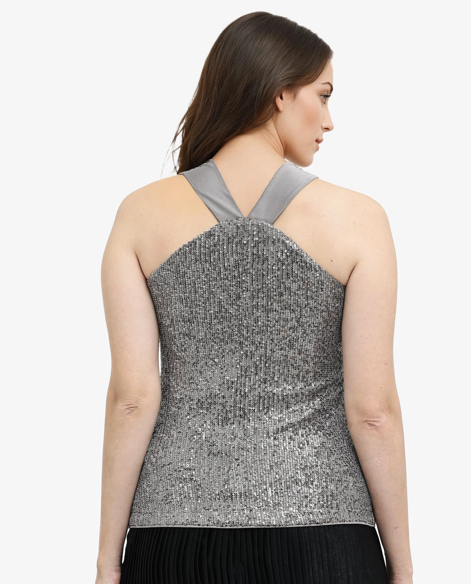 Rareism Womens Aviv Metallic Grey Top Cotton Elastane Sleeveless Sequined