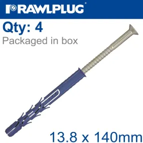 RAWLPLUG NYL FRAME FIXING ZP   COLLAR HEX SCREW 13.8MMX140MM X4 -BAG RAW R-S1-FF1N10K140-4