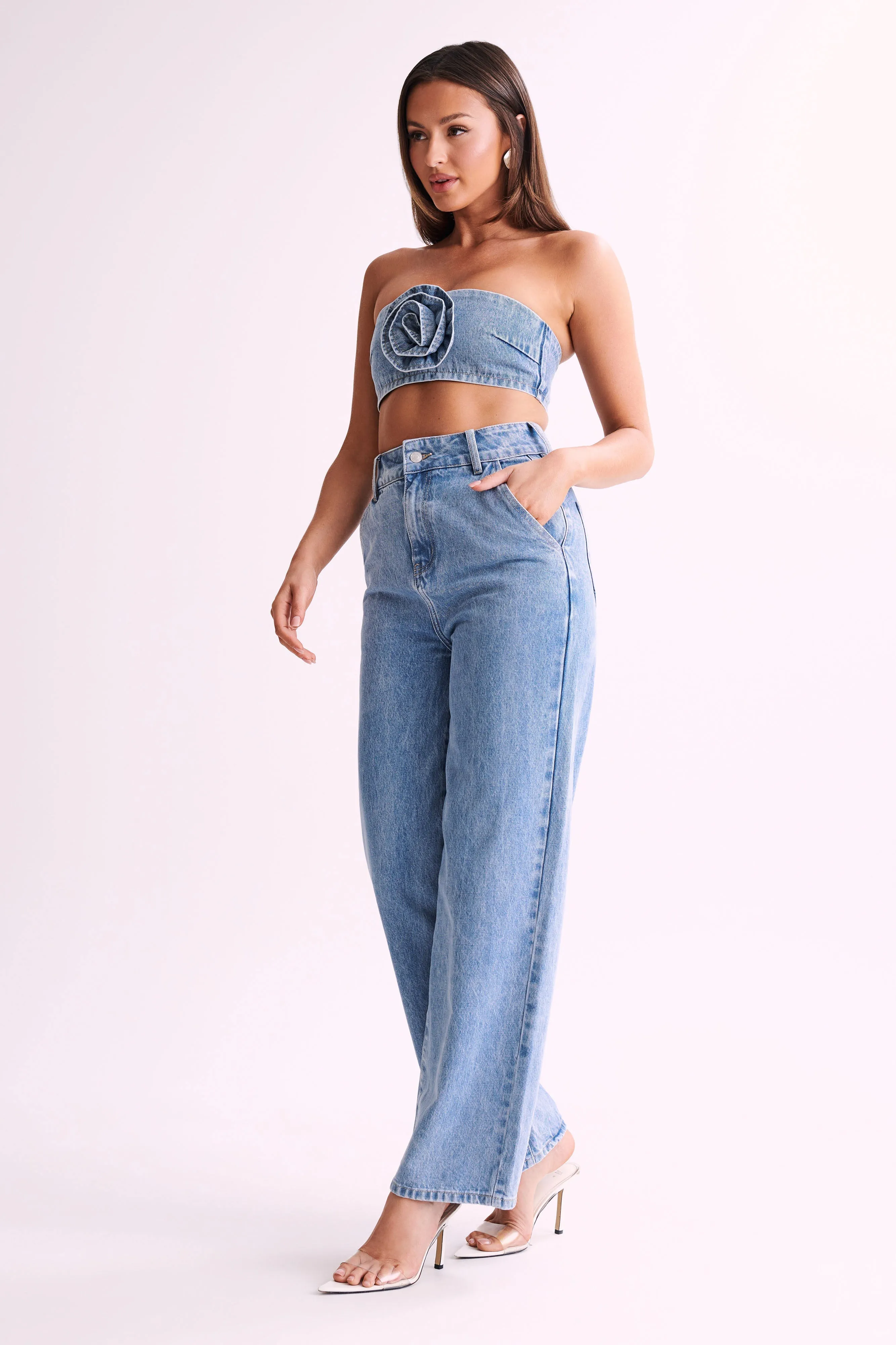 Roxy Wide Leg High Waist Denim Jeans - Mid Blue