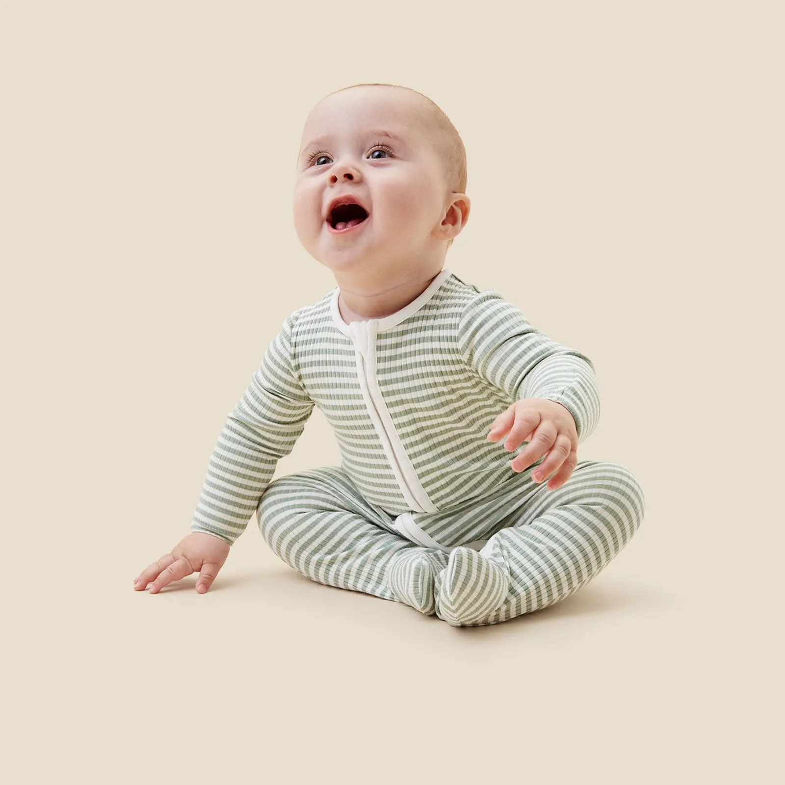 Sage Stripe Ribbed Clever Zip Footed Baby Pajamas