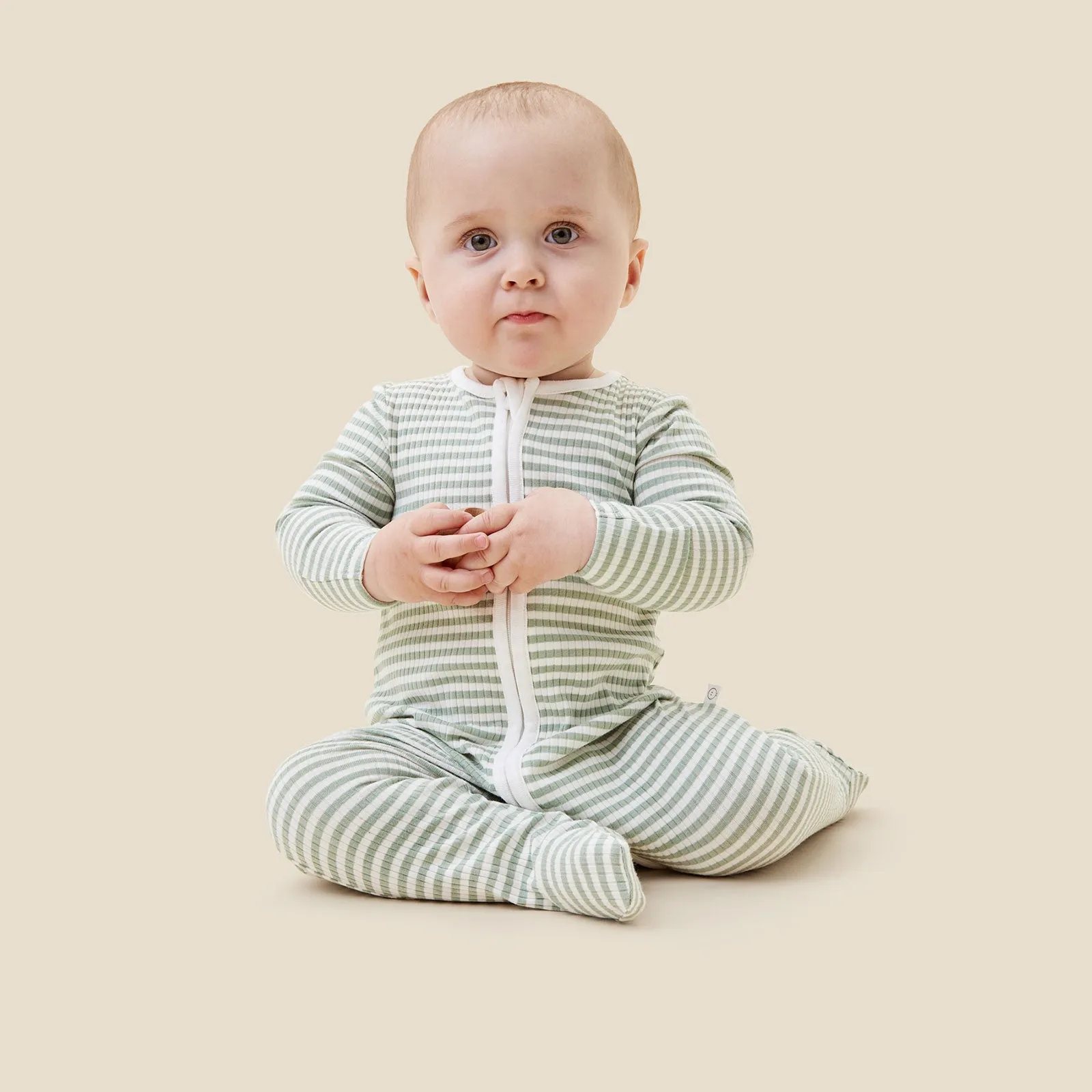 Sage Stripe Ribbed Clever Zip Footed Baby Pajamas