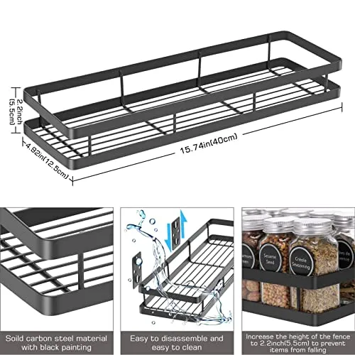 Scnvo Carbon Steel Wall Mounted Spice Rack Organizer 4 Pack, Floating Shelves Storage For Pantry Cabinet Door, Sturdy Hanging Seasoning Organizer Jars Storage For Kitchen, Bathroom, Black