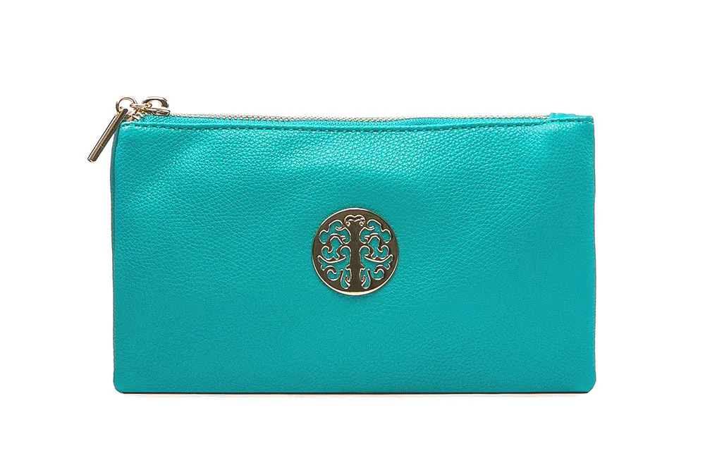 SMALL MULTI-POCKET CROSSBODY PURSE BAG WITH WRISTLET AND LONG STRAP - BLUE GREEN