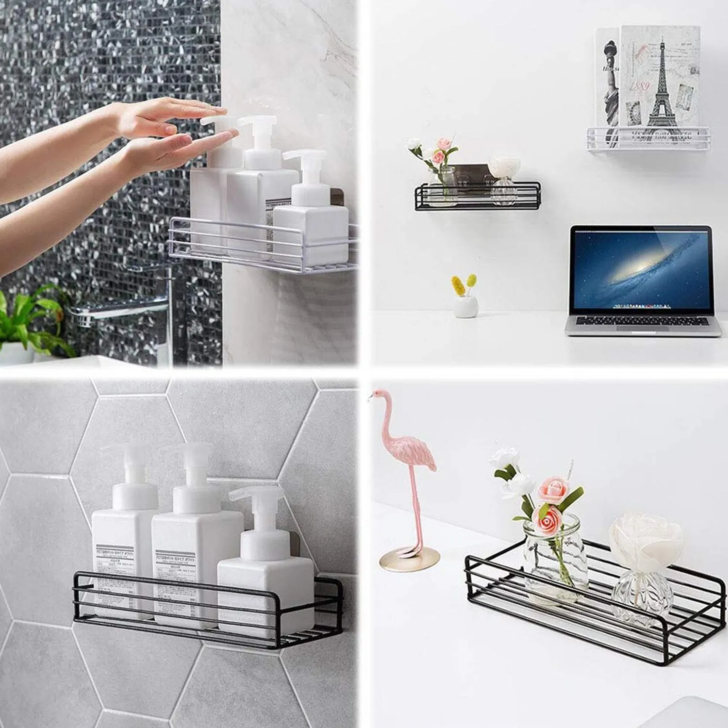 Steel Self-Adhesive Multipurpose Bathroom Shelf with Hooks (1 Set)