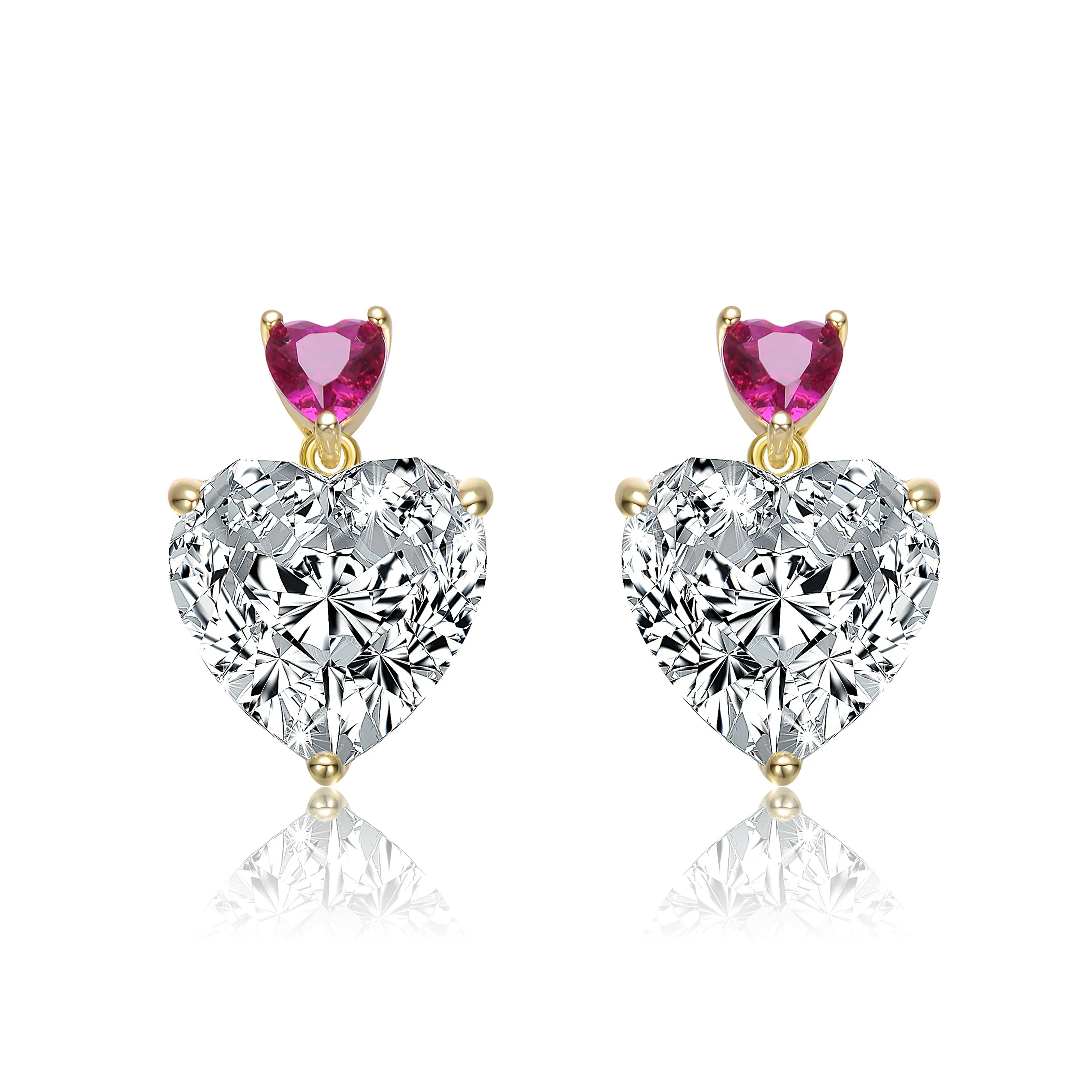 Sterling Silver 14k Gold Plated with Colored Cubic Zirconia Two-Stone Heart Dangle Earrings