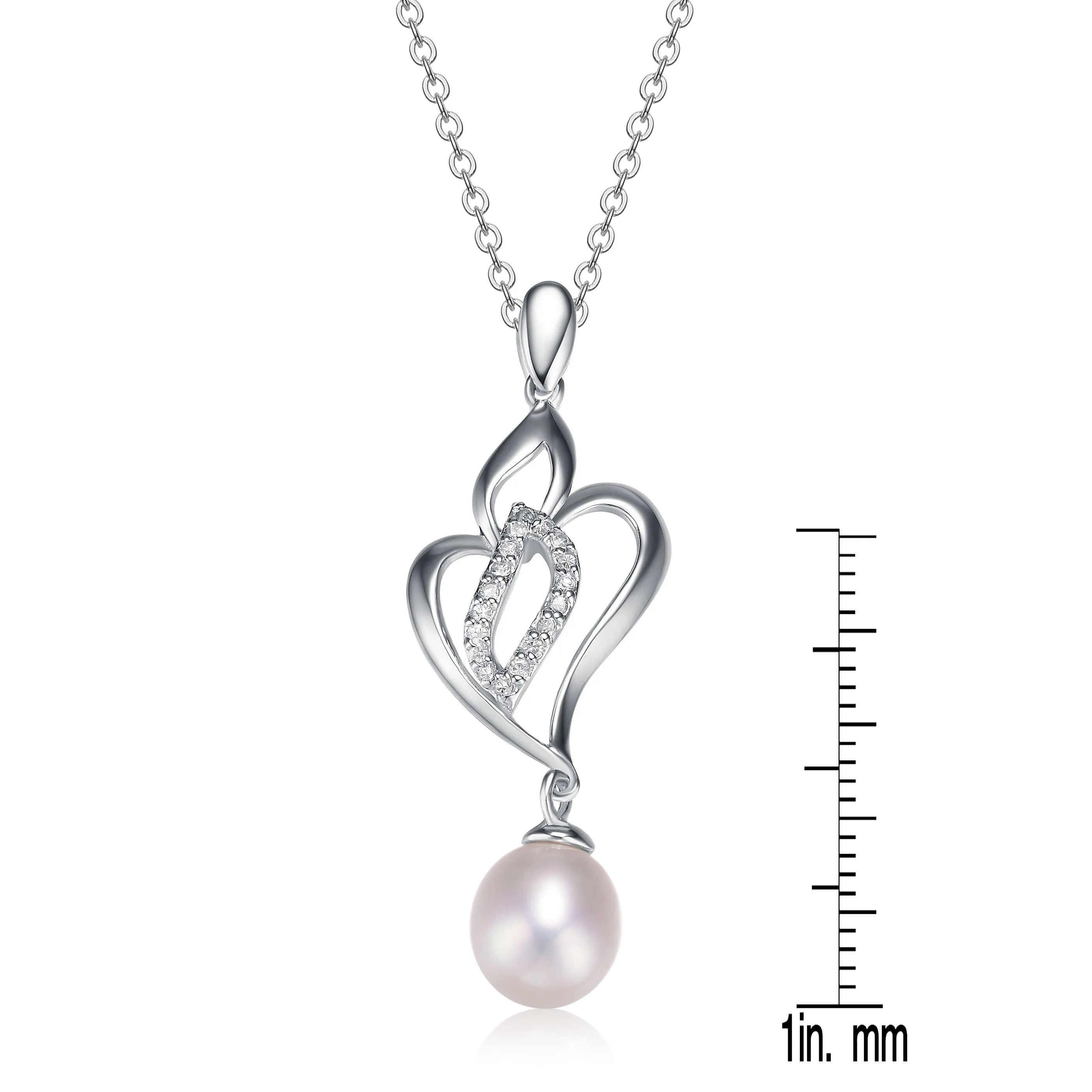 Sterling Silver White Cubic Zirconia and Pearl Dangling Pendant Necklace