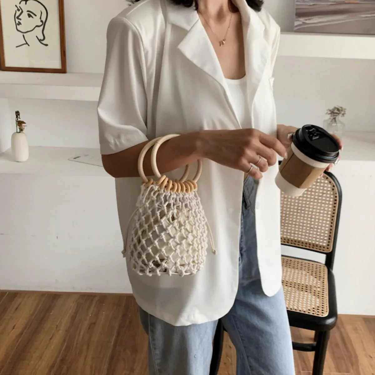 Summer Crochet Bag With Ratten Ring Handle