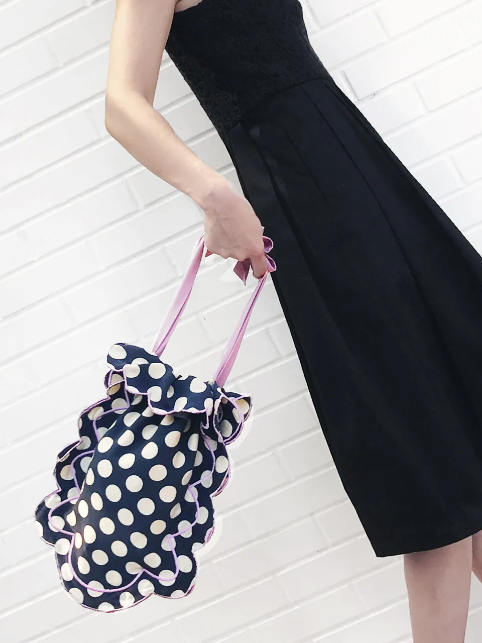 Surprise Sale! Navy Dots Scalloped Drawstring Silky Shopper