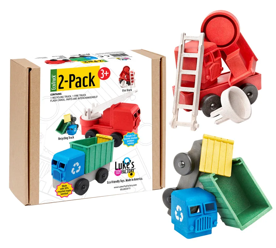 Toy Truck Play Set - 2 Pack of Recycling & Fire Truck Toys