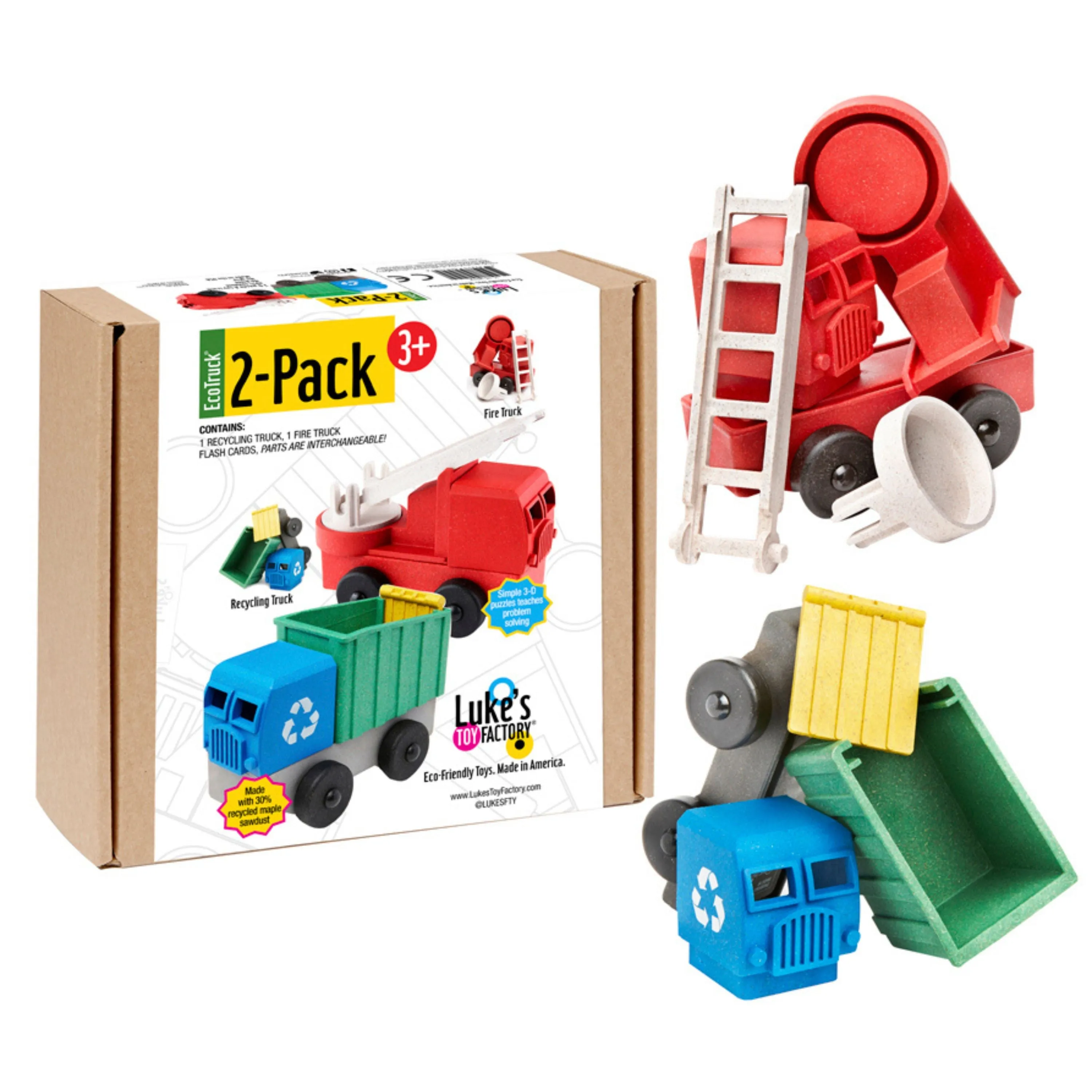 Toy Truck Play Set - 2 Pack of Recycling & Fire Truck Toys