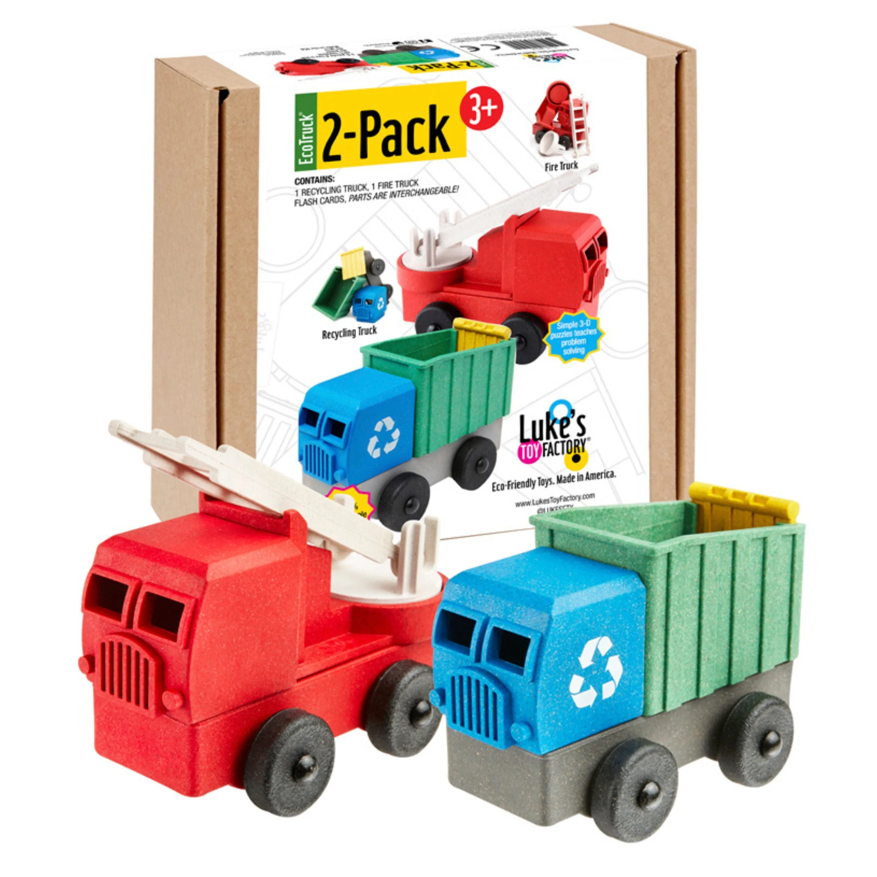 Toy Truck Play Set - 2 Pack of Recycling & Fire Truck Toys