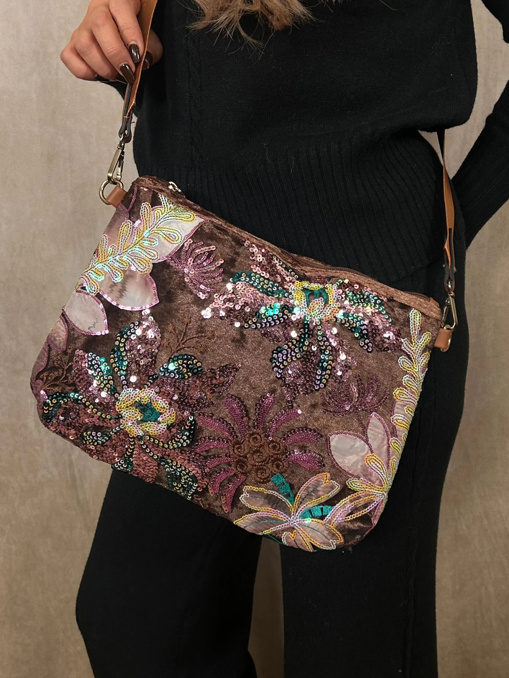 Velvet Flower Sequin Bag