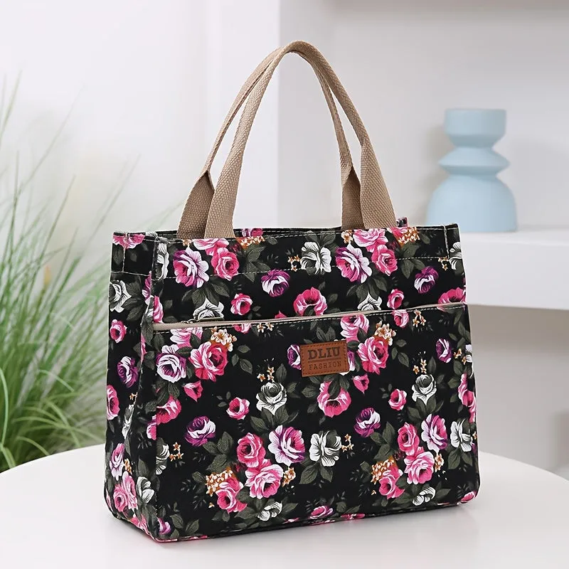 Versatile Floral Print Tote Perfect Lunch Handbag Mommy Bag