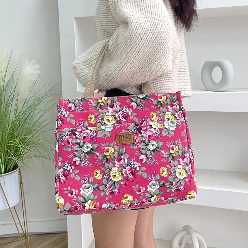 Versatile Floral Print Tote Perfect Lunch Handbag Mommy Bag