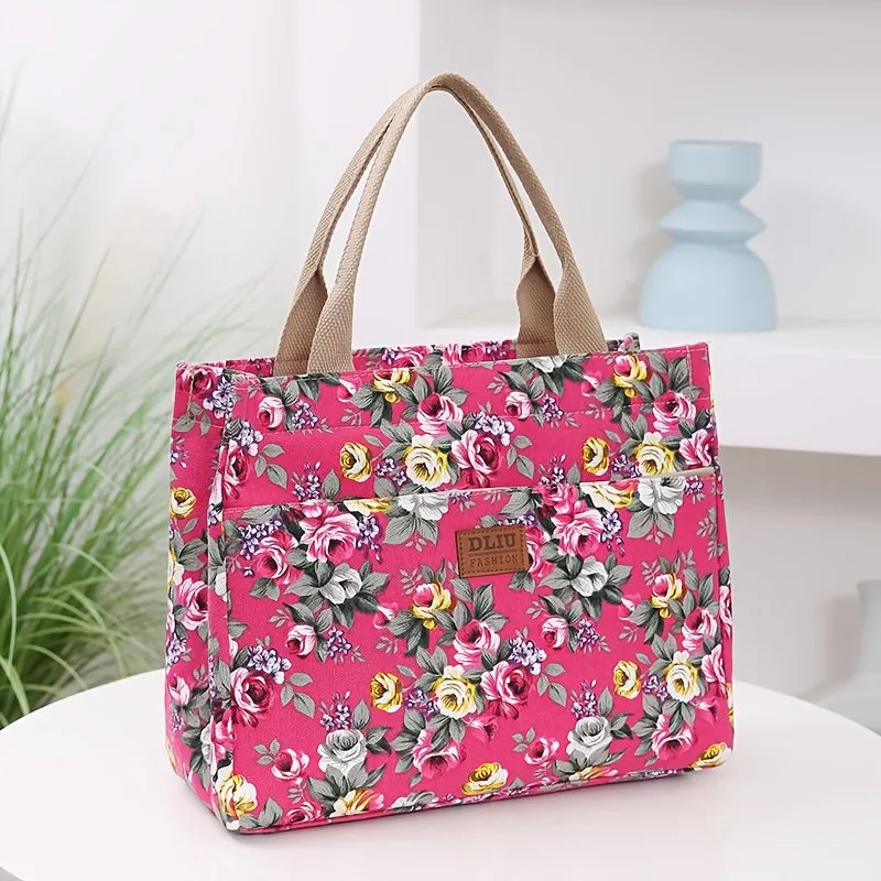 Versatile Floral Print Tote Perfect Lunch Handbag Mommy Bag