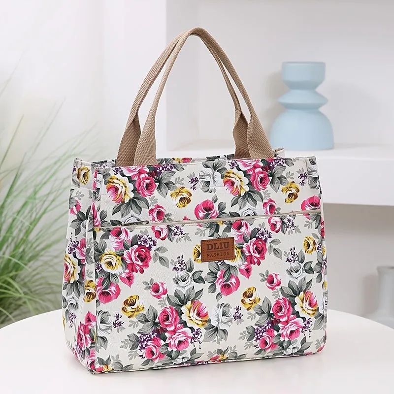 Versatile Floral Print Tote Perfect Lunch Handbag Mommy Bag