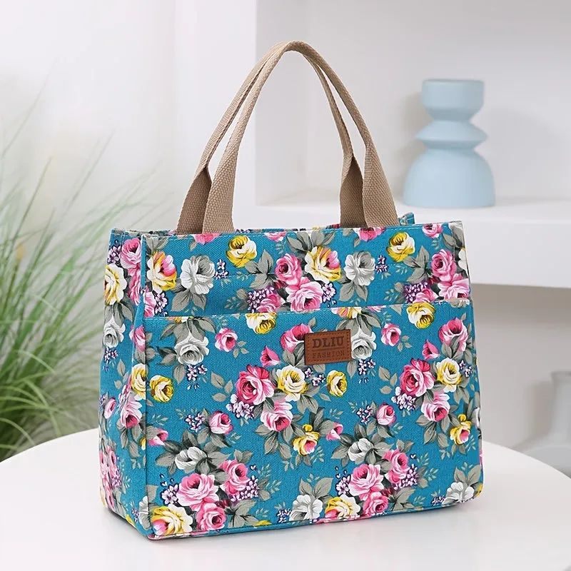 Versatile Floral Print Tote Perfect Lunch Handbag Mommy Bag