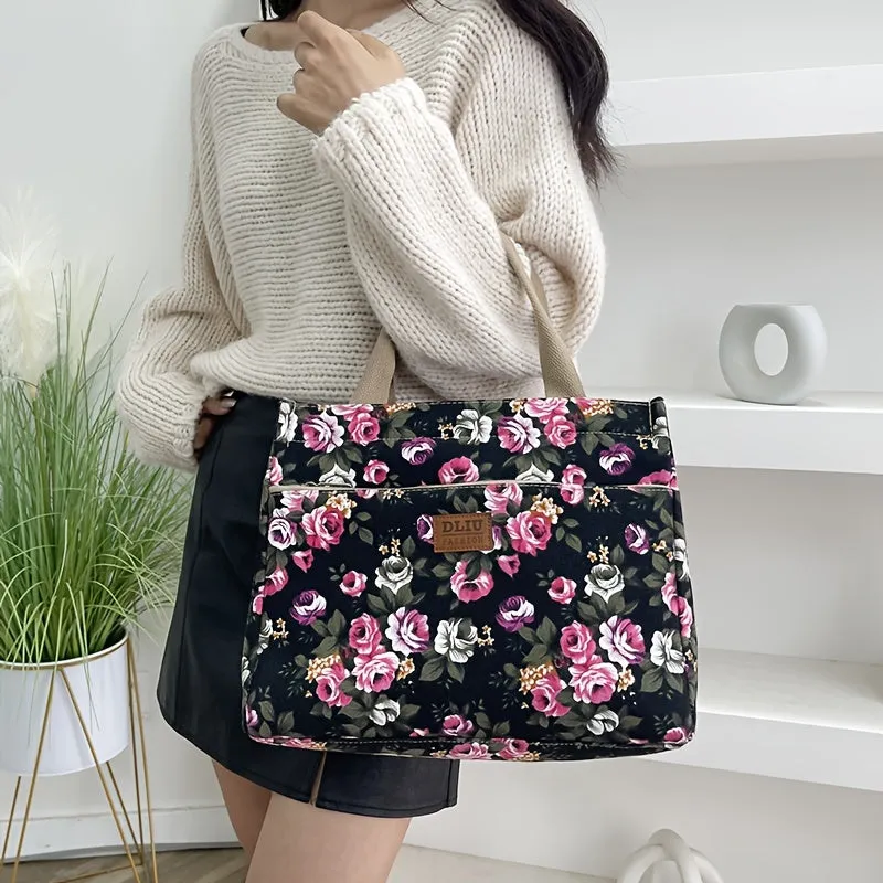 Versatile Floral Print Tote Perfect Lunch Handbag Mommy Bag