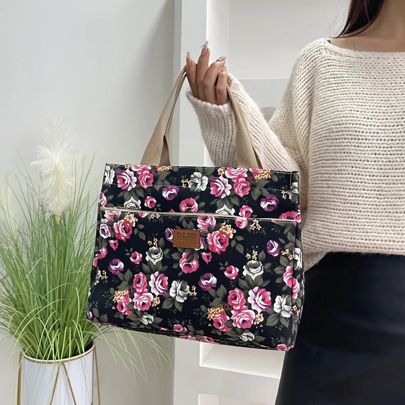 Versatile Floral Print Tote Perfect Lunch Handbag Mommy Bag