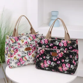 Versatile Floral Print Tote Perfect Lunch Handbag Mommy Bag