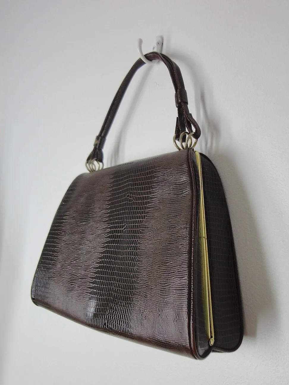 Vintage 1960s Kelly Bag / Brown Faux Snake