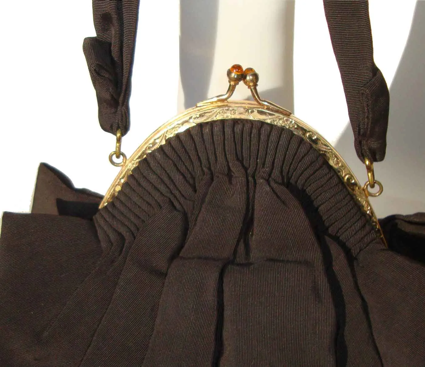 Vintage 40s Handbag Brown Pleated Faille Art Deco Bag Purse