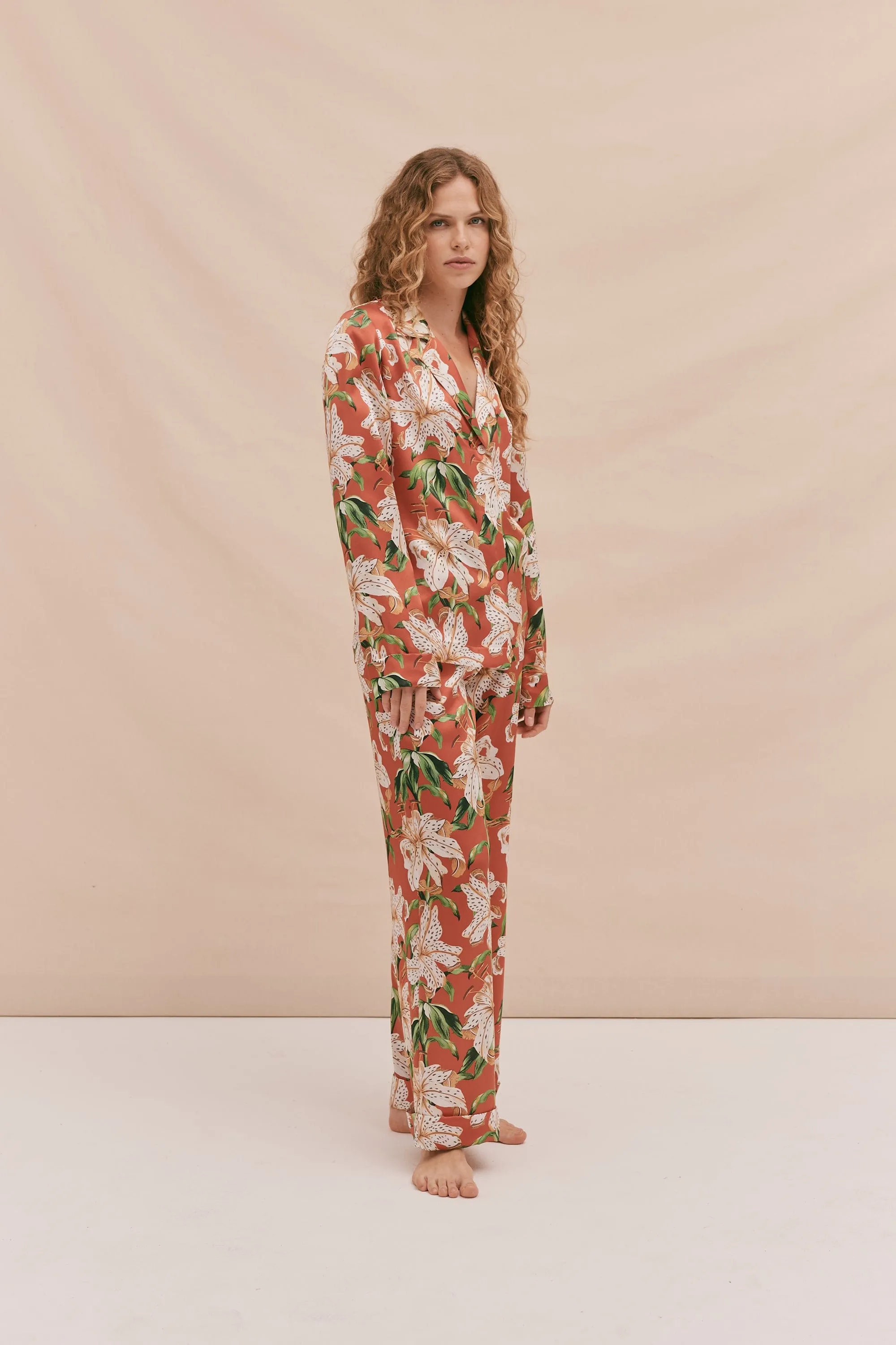 Washable Silk Long Pyjama Set Lilium Print Red