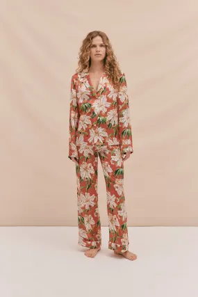 Washable Silk Long Pyjama Set Lilium Print Red