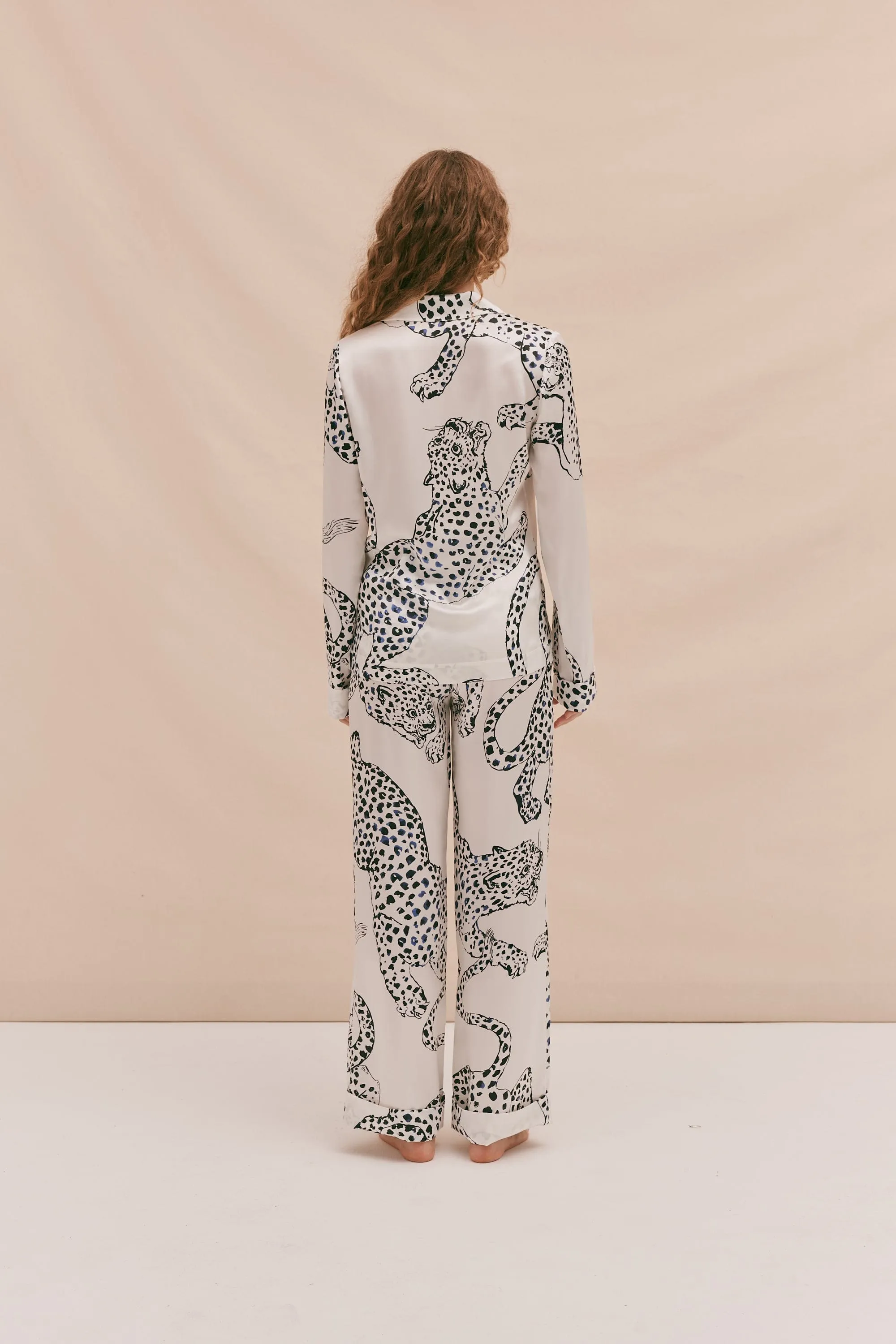 Washable Silk Long Pyjama Set The Jag Print Cream