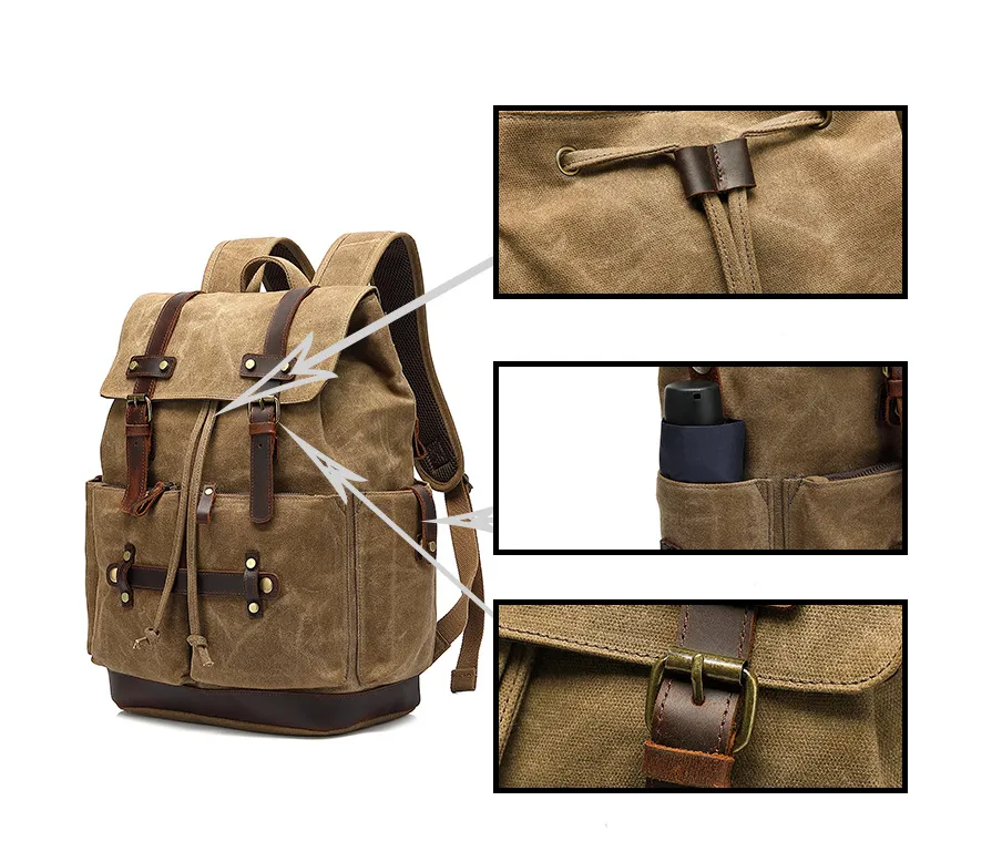 Waxed Canvas Hiking Backpack Waterproof Laptop Backpack School Rucksack