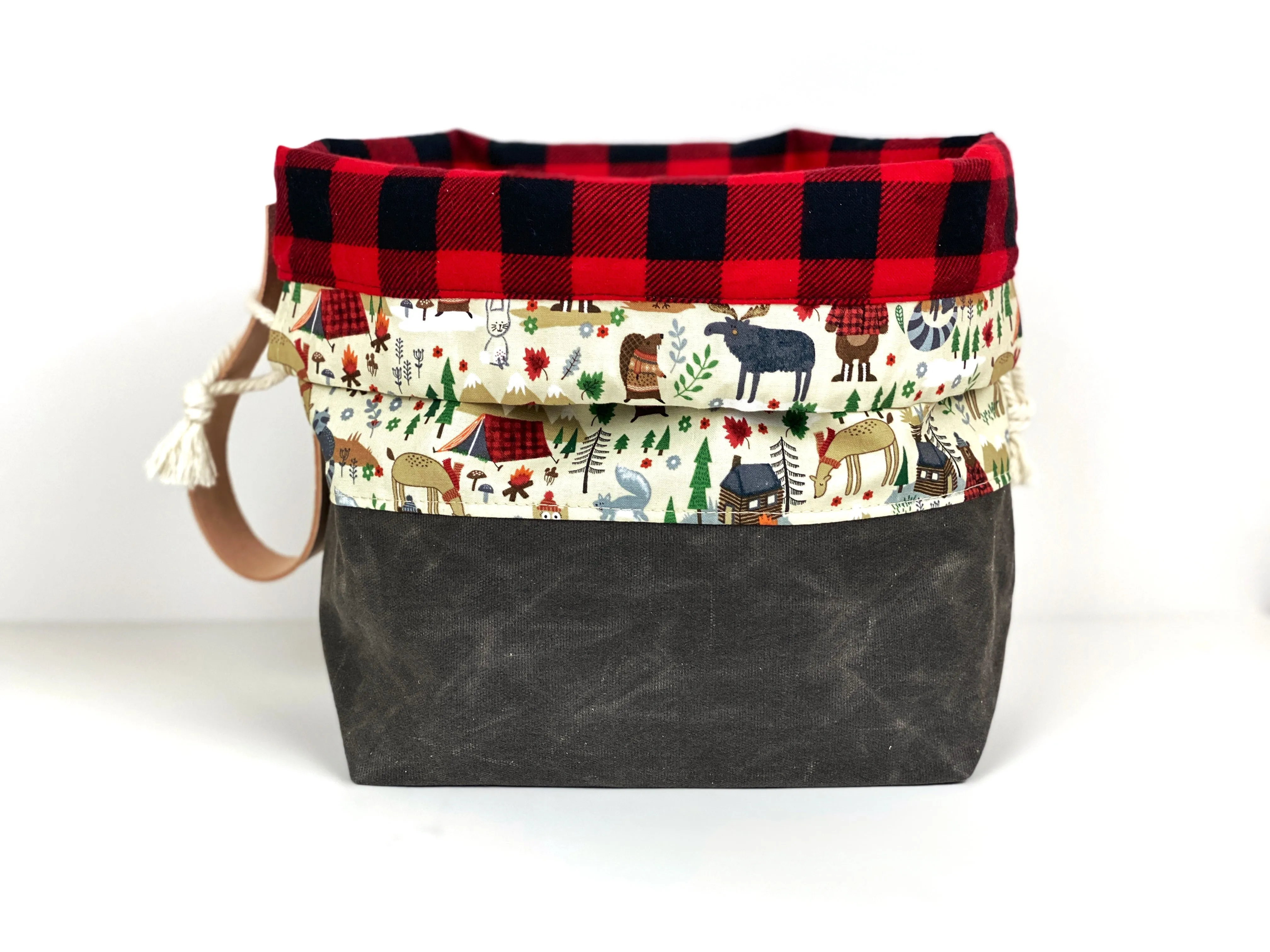 Wilderness Forest Buffalo Plaid and Brown Waxed Canvas Knit Crochet Leather Drawstring Tote Project Flat Bottom Bag