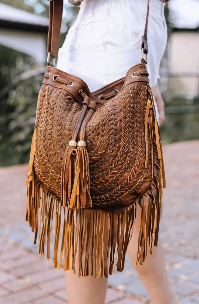 Woven Leather Shoulder Satchel Bag